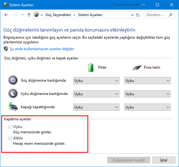Güç düğmeleri kapatma ayarları