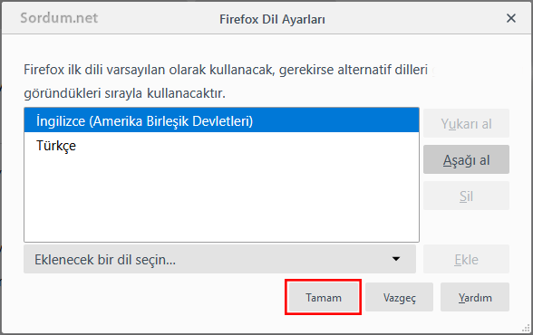 Firefox yeni dil seçimi
