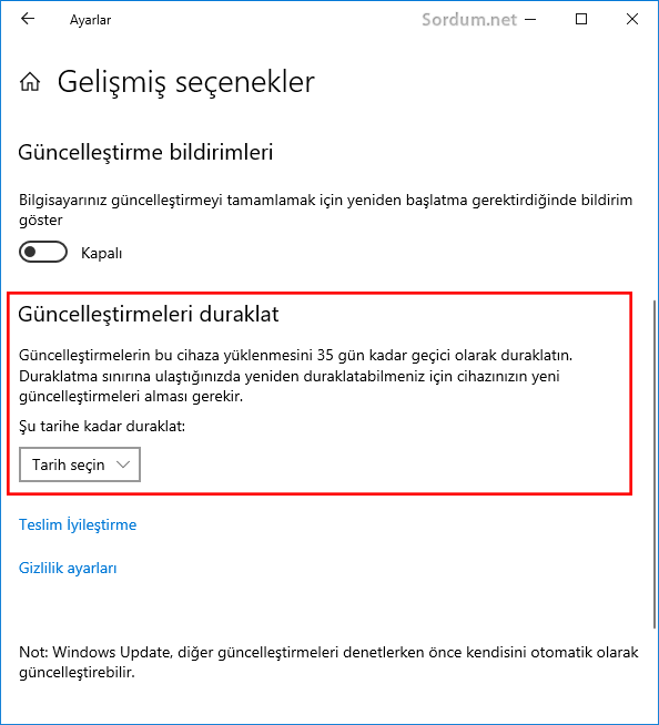 Windows 10 da güncelleştirmeleri duraklat