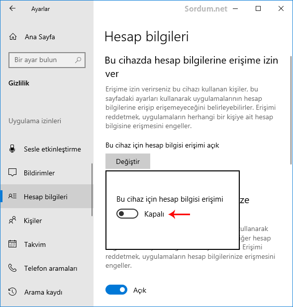 hesap bilgisi erişimi kapalı