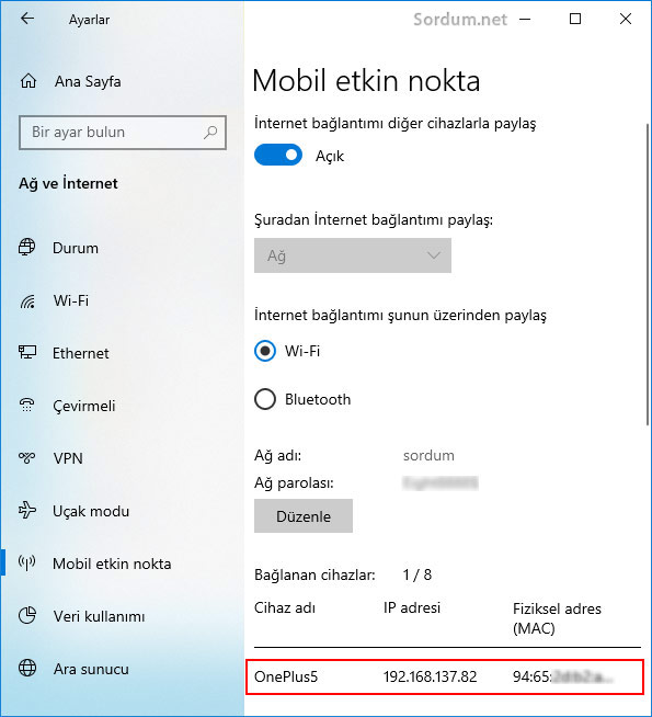 Mobil etkin noktada MAC adresi görme