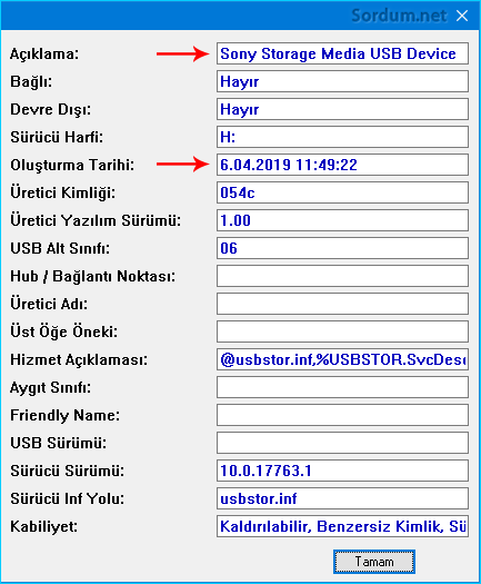 Usbdeview ayrıntı paneli