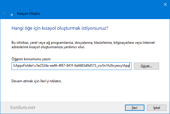 UWP dosya gezgin kısayolu