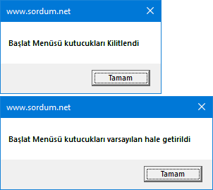 vbs ile başlat menüsü kutucuklarını kilitlemek