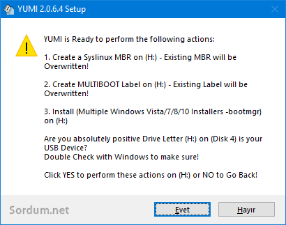YUMI Usb bellek uyarısı