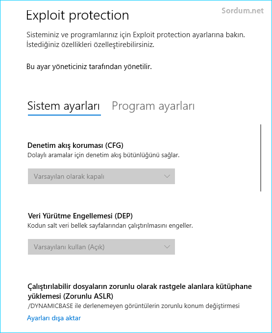 Exploit Protection ayarları değiştirilemiyor