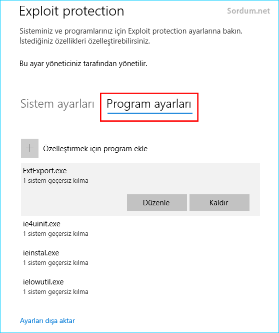 Exploit Protection Program ayarları