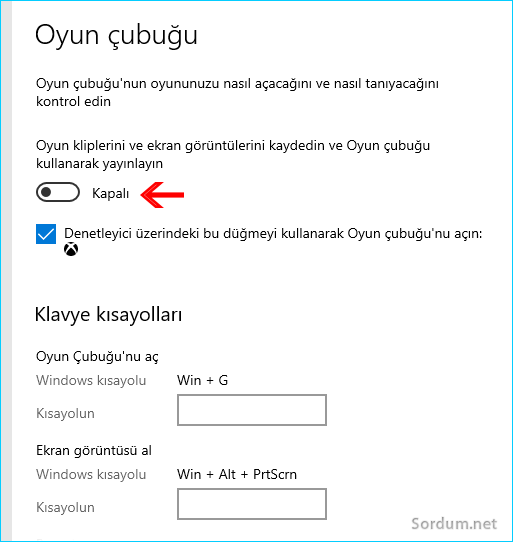 Oyun çubuğunu kapatalım