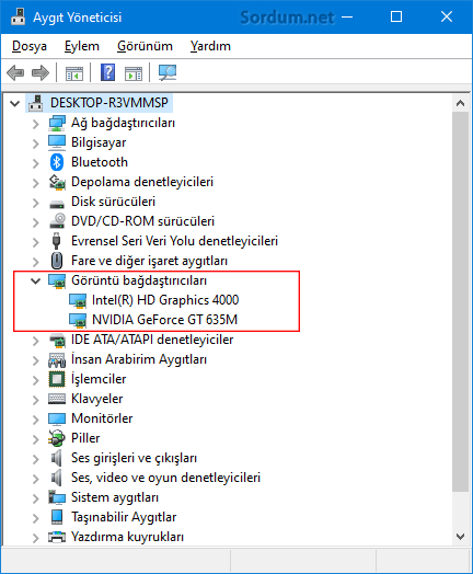Aygıt yöneticisi GPU