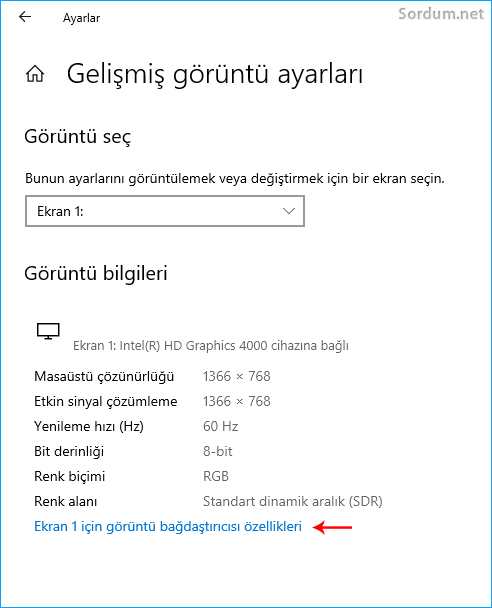 ekran1 için görüntü bağdaştırıcı özellikleri