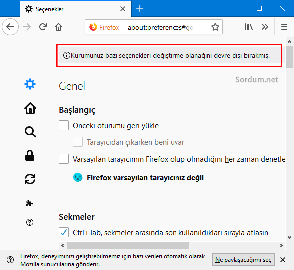 Firefox ta seçenekler devre dışı