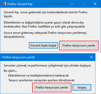 Firefoxu yenile butonu