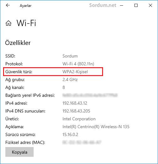 Ayarlar wlan güvenlik