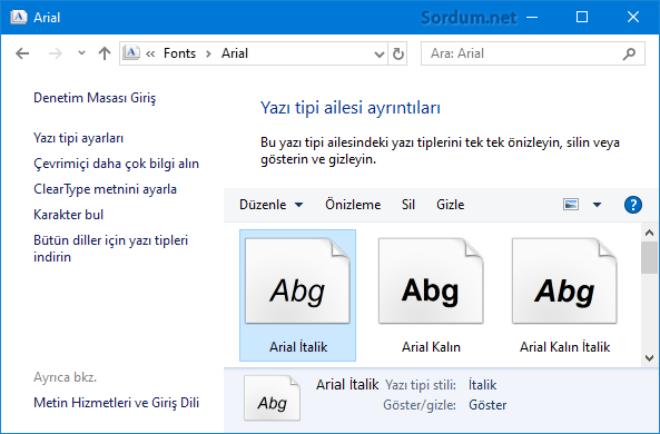 Font öngörünüm penceresi