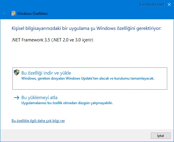 Netframework 3,5 yüklü değil hatası