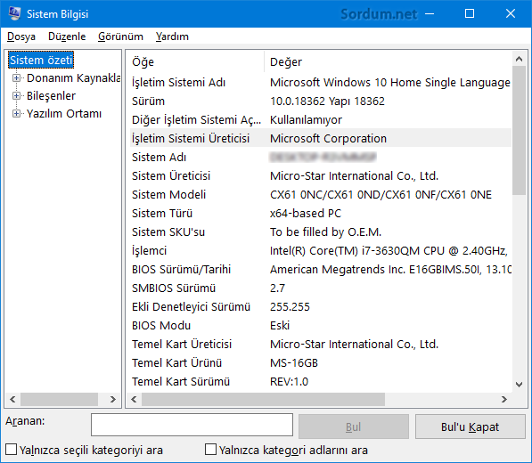 Sistem bilgisi penceresi