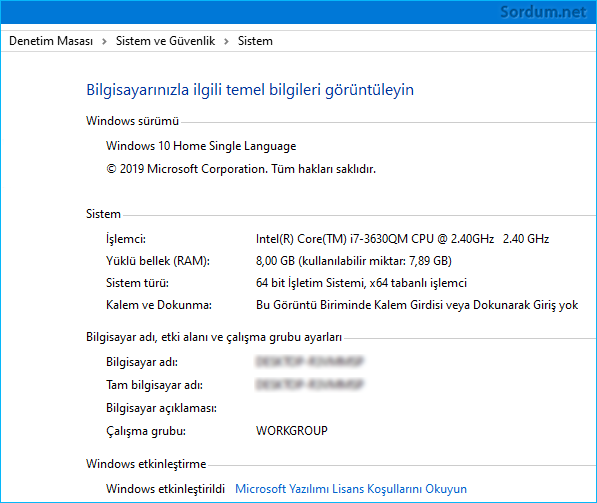 Windows sistem özellikleri
