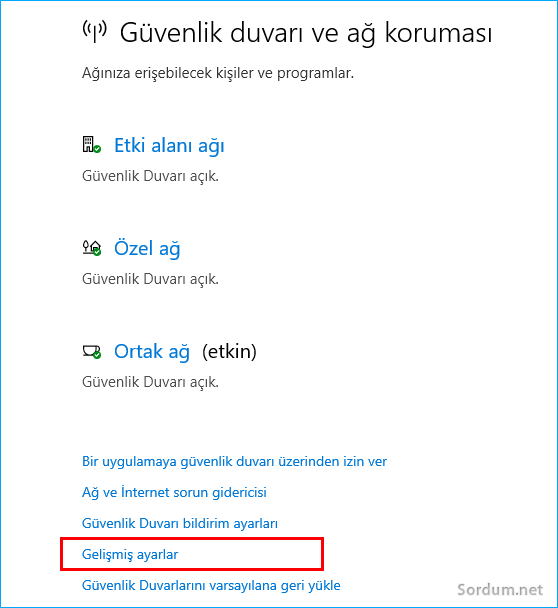 Ayarlar üzerinden firewall