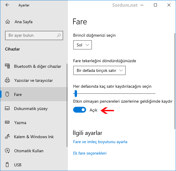 Etkin olmayan pencerede fare ayarı
