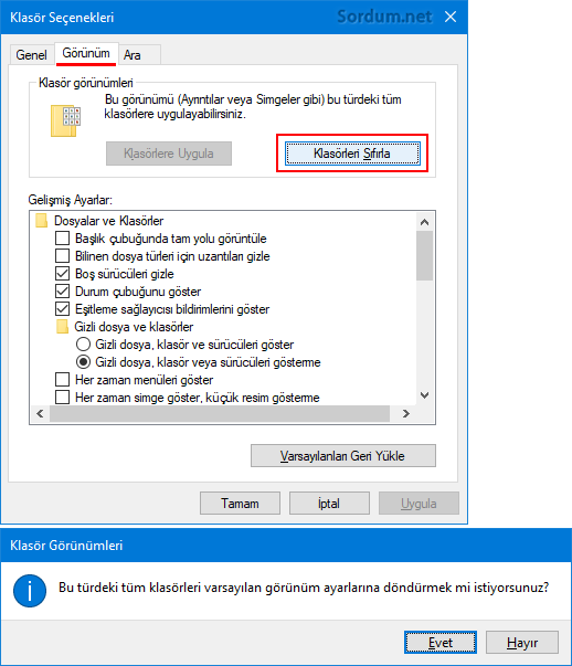Klasör görünümünü sıfırla