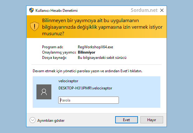Kullanıcı hesabı denetimi uyarısı