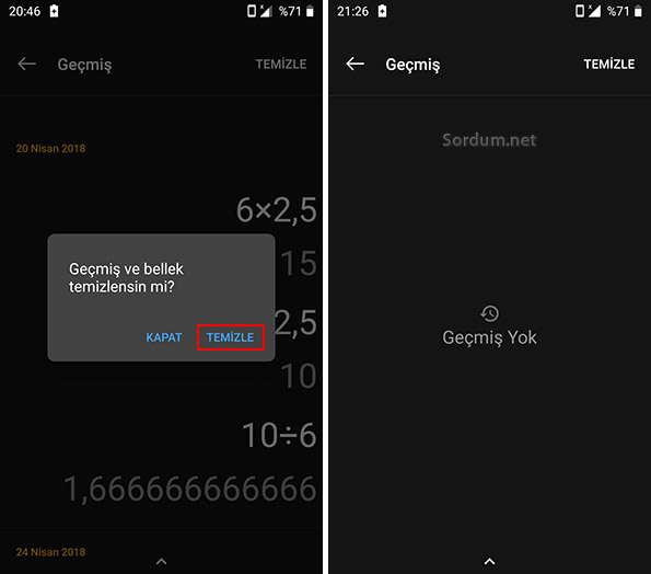 Android te hesap makinası geçmişi nasıl silinir