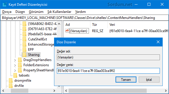Sharing registry değeri