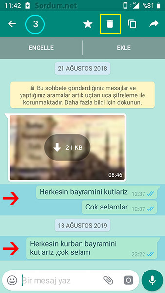 whatsapp mesaj silme