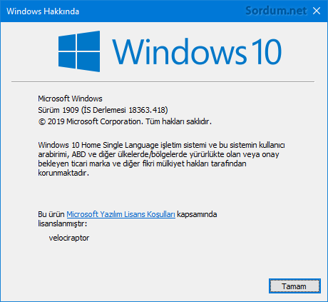 Windows 10 1909 sürümü