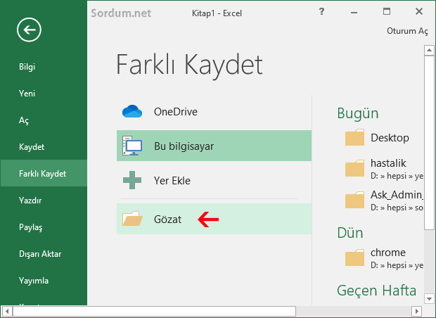 Excel Farklı kaydet ekranı