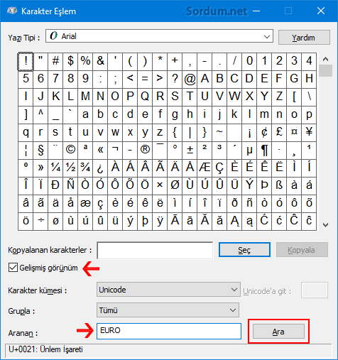Windows 10 da karakter eşlem