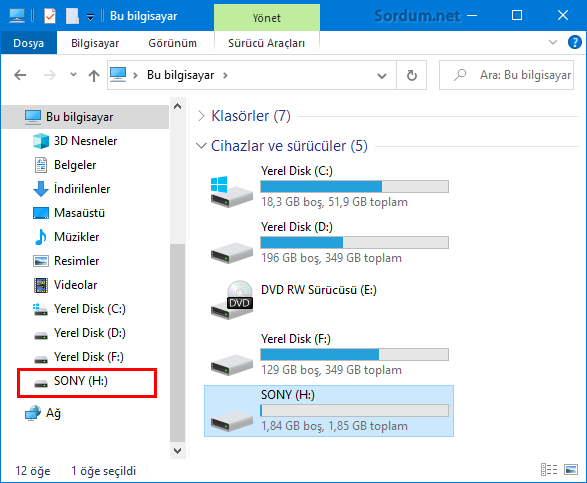 Usb bellek tek ikon olarak görünüyor