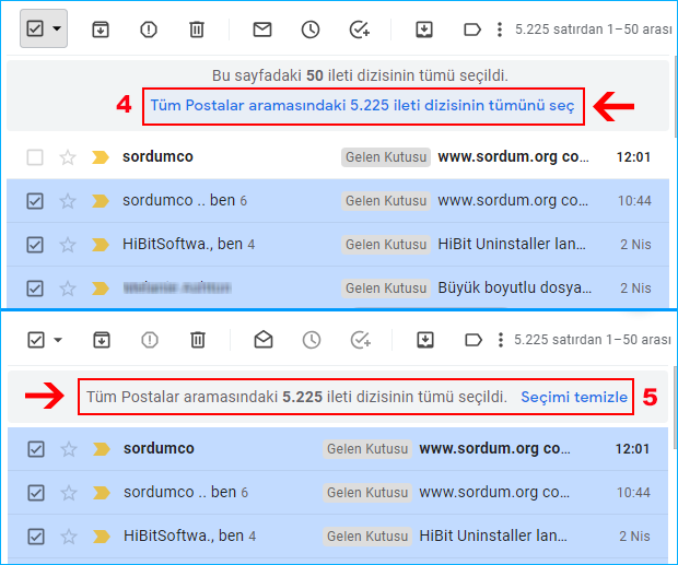 Gmail ileti dizisinin tümü seçildi