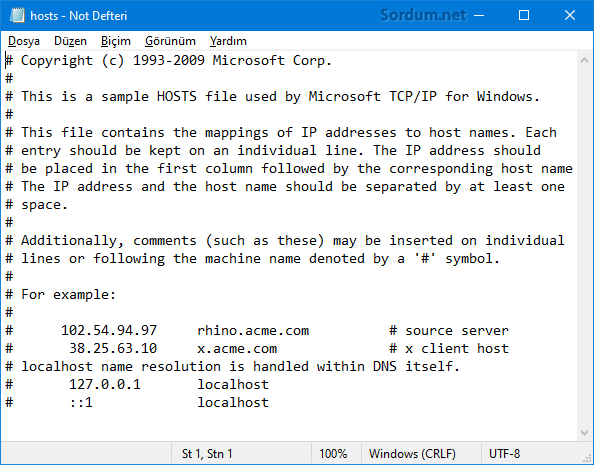 Hosts dosya içeriği