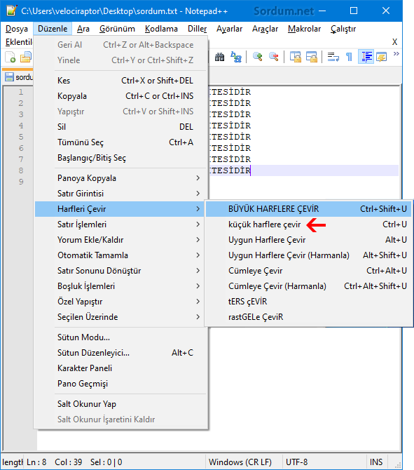 Notepad Plusta küçük harflere çevir Notepad Plusta küçük harflere çevir