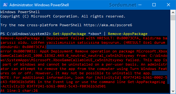powershell ile game bar kaldırıldı