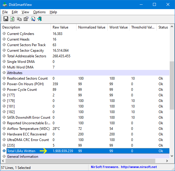 DiskSmartView total lbas written