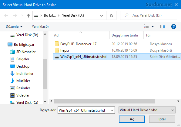 VHD seçim ekranı