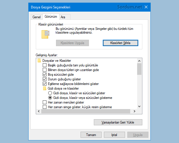 klasor görünüm ayarları