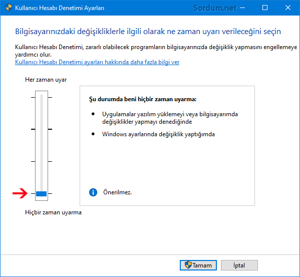 Kullanıcı hesabı denetimini kapat