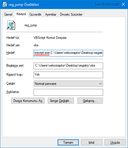 Registry e ulaştıran Vbs kısayolu