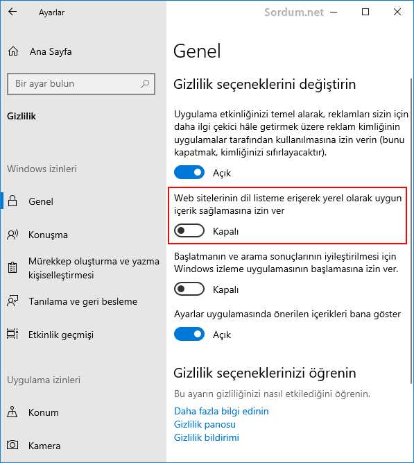 Web siteleri dil listelerine erişemesin