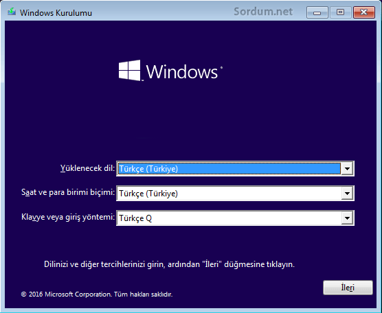 Windows kurulum ekranı