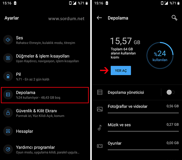 Android te yer nasıl açılır
