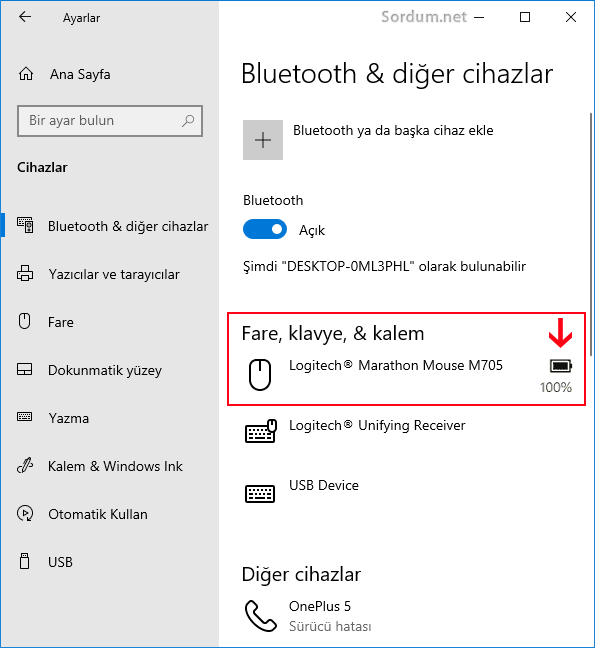 Windows 10 da klavye ve farede kalan pil seviyesi