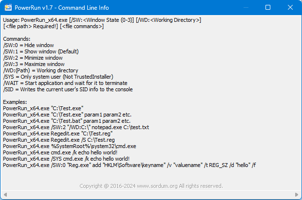 powerrun cmd parametreleri