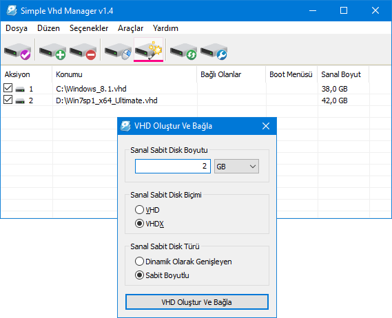 Simple VHD manager ile sanal sabit disk oluştur