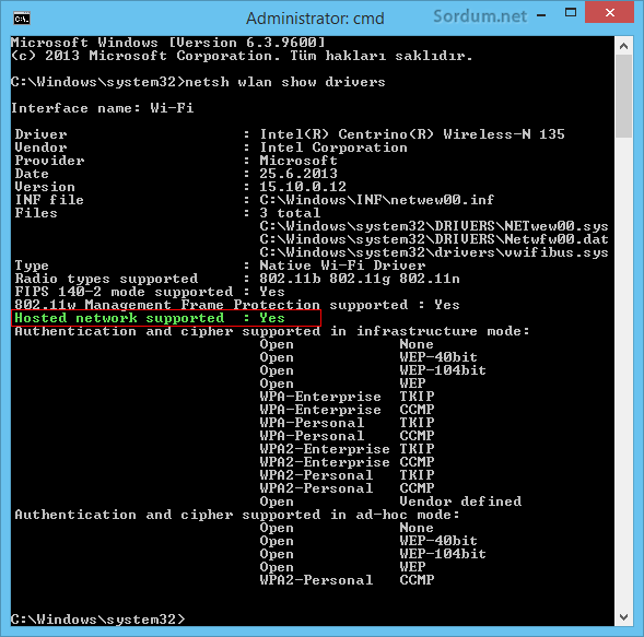 Cmd ile hosted Network desteği kontrolü