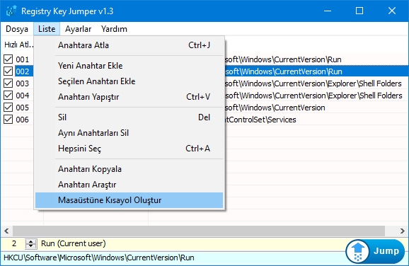 Registry Key jumper Liste menüsü