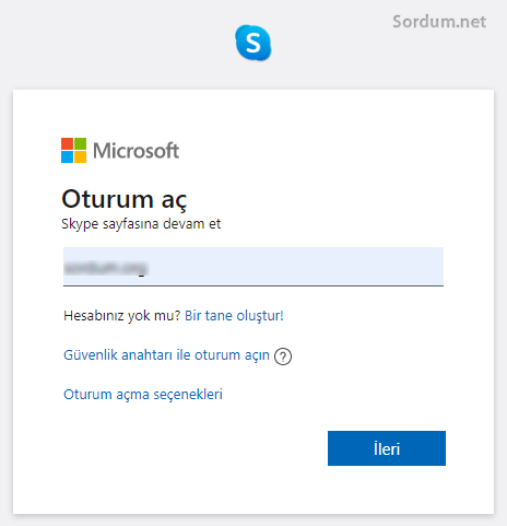 Skype hesabına giriş ekranı